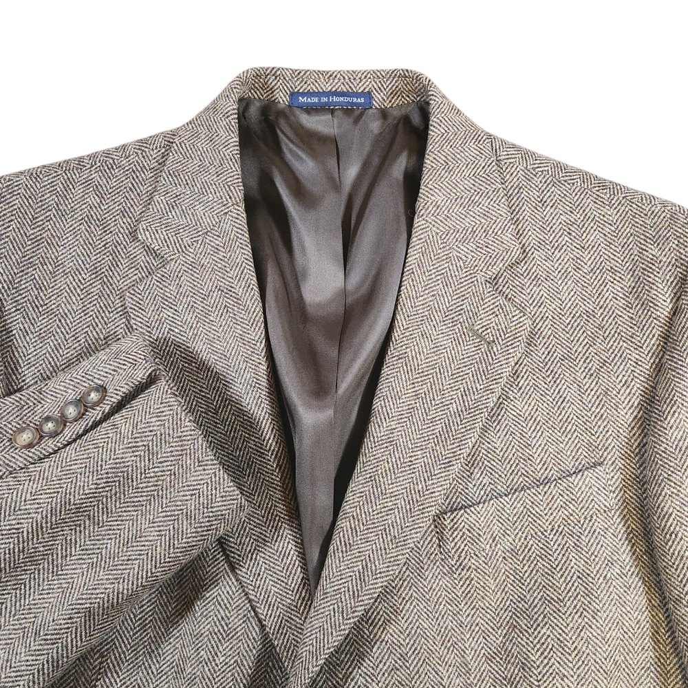 Lands End Blazer Men 44S Brown Herringbone Plaid Spot Coat Suit Jacket Lambswool